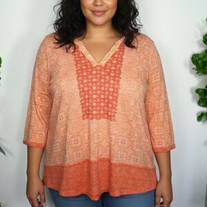 LUCKY BRAND Boho Tapestry Floral Print V Neck Popover 3/4 Shirt